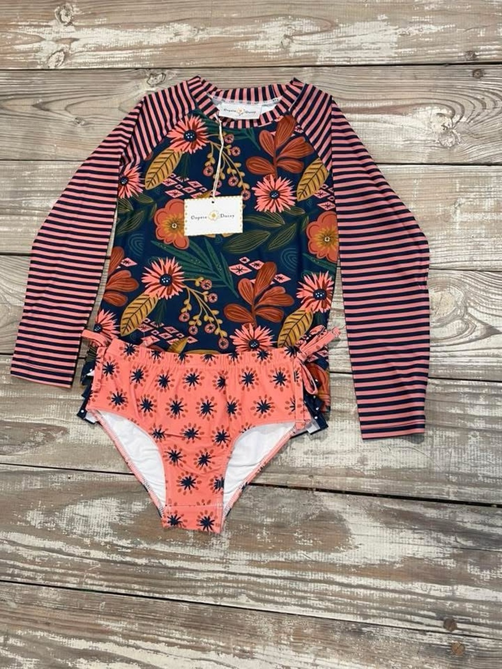 Coastal Bloom Girls' Long Sleeve Rashguard Set - Navy & Coral